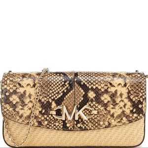 NEW WITH TAG Michael Kors Izzy Neutral Large Clutch Gold Metal Chain Python